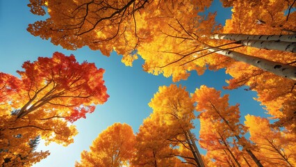 Vivid autumn foliage on tall trees against a clear blue sky. Suitable for fallthemed designs, naturethemed websites, or seasonal promotions.