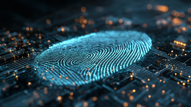 A glowing blue fingerprint appears on a softly illuminated digital background, creating a futuristic biometric identity scene with sleek high-tech energy.