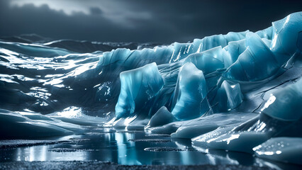 A glacial landscape with blue ice formations and dark waters under a cloudy sky, capturing the serene yet dramatic beauty of the Arctic environment.