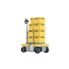 Naklejka premium Automated Guided Vehicle (AGV) Transporting Stacked Yellow Crates in Warehouse
