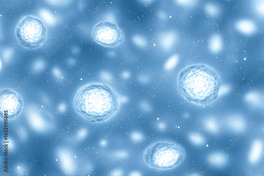 Poster abstract representation of microscopic cellular structures swirling in a tranquil blue backdrop port