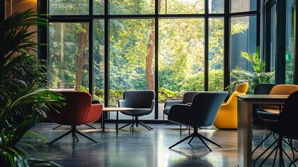 Modern wooden dining table with chairs in a bright contemporary cafe interior