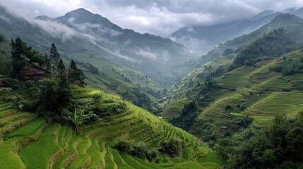 Lush terraced rice paddies nestled in a valley, misty mountains