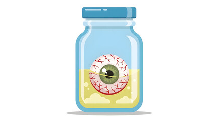Spooky flat vector illustration of a human eyeball preserved in a glass jar, perfect for Halloween designs or medical mystery concepts