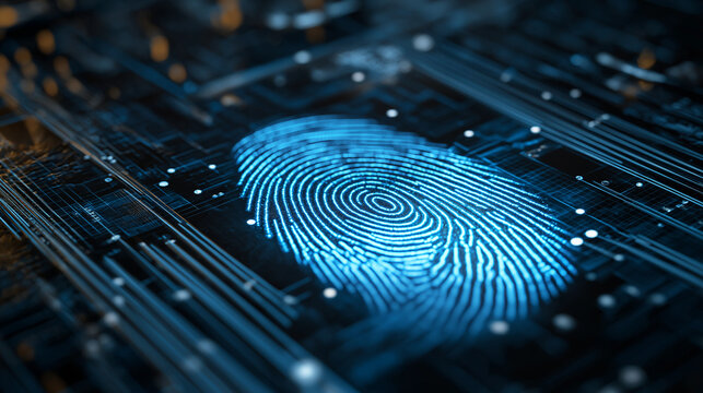 A glowing blue fingerprint appears on a softly illuminated digital background, creating a futuristic biometric identity scene with sleek high-tech energy. - Powered by Adobe