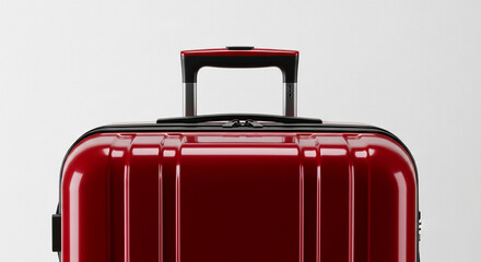 Close-up of red suitcase handle and top, showcasing smooth, hard shell texture.  Suggests travel, journey, adventure, and vacation planning