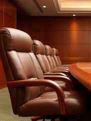Fototapeta premium sleek, modern conference room featuring elegant leather chairs arranged around a polished wooden table against a warm wood-paneled backdrop.