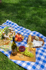 A picnic on a summer day with fruit, cheese and two glasses of wine on a plaid blanket on the lawn