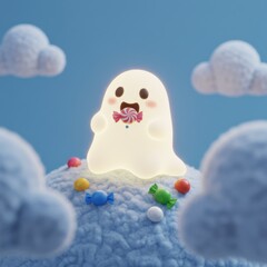 Obraz premium Glowing Ghost Eating a Lollipop on Cloudy Background with Pastel Blue Sky