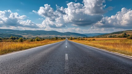 Scenic countryside road stretching into the distance under a wide blue sky