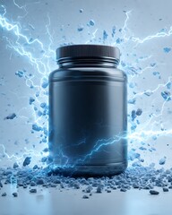 Protein jar with blank label surrounded by glowing lightning bolts striking around, clean white background