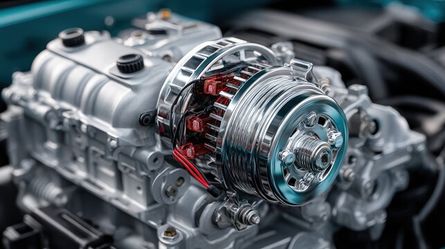 Close-up of a high-performance engine and supercharger parts in an auto workshop