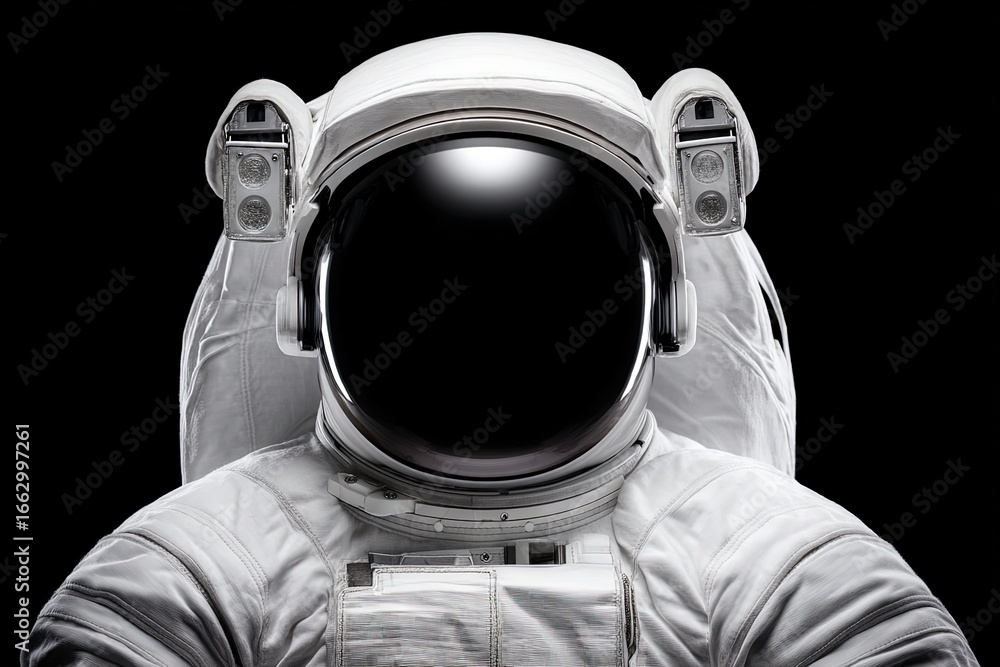 Poster astronaut in a pristine white space suit presenting a blank visor symbolizing exploration and discov