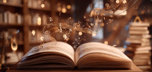 The enchanted book revealing music notes and floating letters in a cozy library.