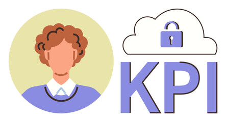 Person portrait adjacent to cloud with padlock symbol and large KPI lettering. Ideal for business metrics, data security, privacy, performance tracking, team performance, analytics representation