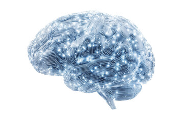 Futuristic representation of artificial brain with glowing neural connections in digital environment on transparent background