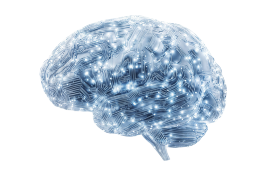 Futuristic representation of artificial brain with glowing neural connections in digital environment on transparent background