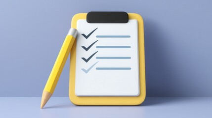 Fototapeta premium Checklist Completion: A vibrant illustration of a yellow clipboard with a checklist marked with green checkmarks and a pencil, representing the completion of tasks and goals.