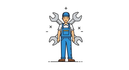 Cartoon mechanic with wrenches vector illustration for repair service and maintenance