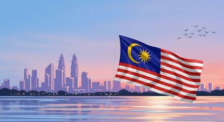 Malaysian Flag Waving with City Skyline