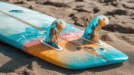 Surfboard resting on sandy beach with vibrant colors and unique fin design in sunny weather