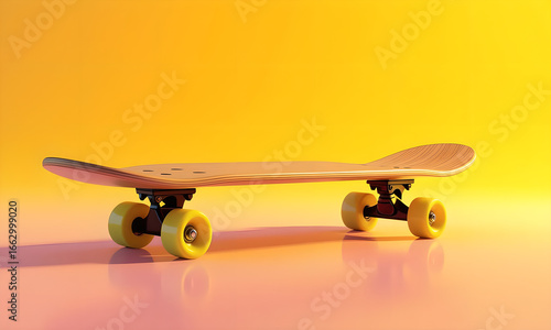 Isolated Wooden Skateboard on Bright Yellow Background, Studio Shot