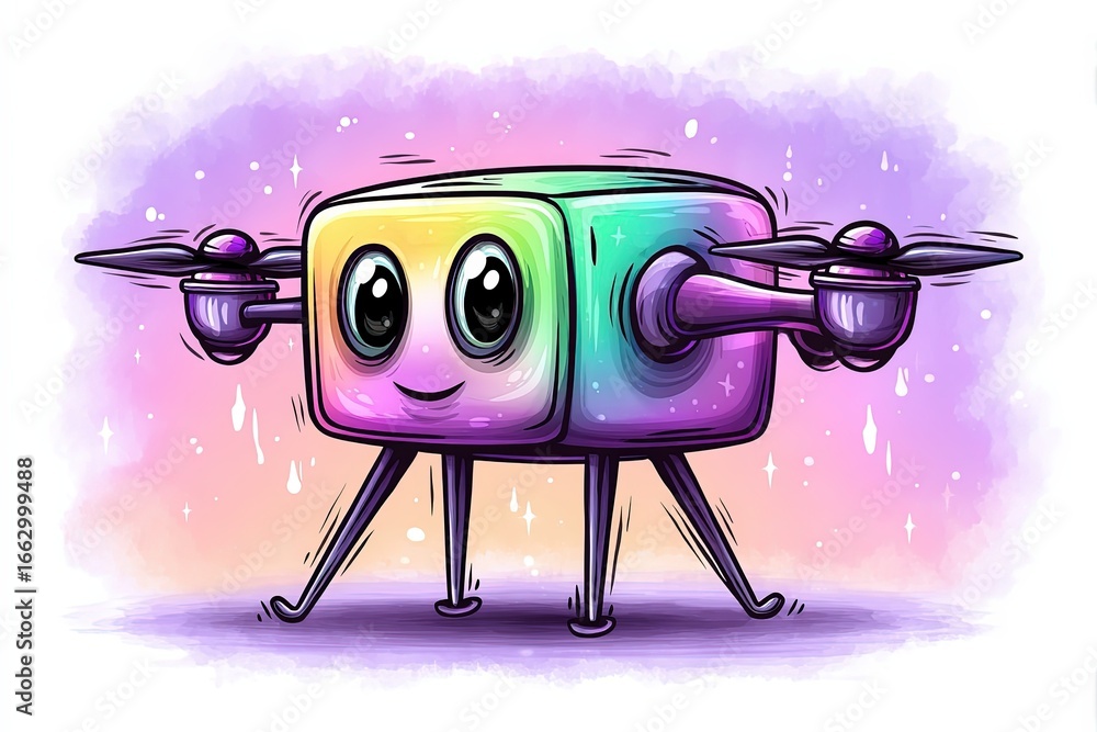 Aufkleber Whimsical drone character with a colorful gradient design and playful expression soaring against a dreamy pastel background echoing innovation and digital creativity