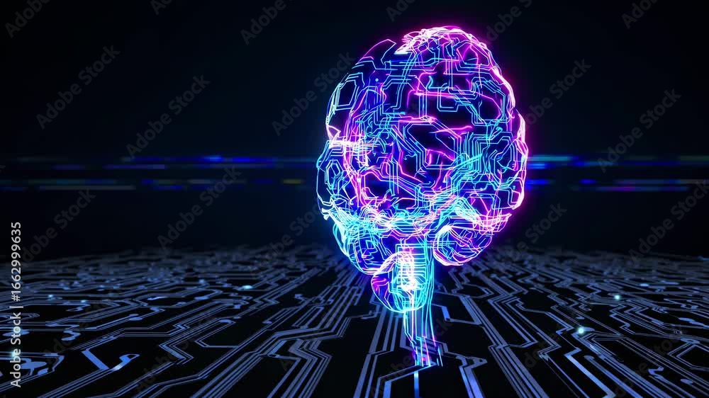 Poster futuristic video concept of a glowing digital brain with neon circuits. low-angle view highlights th