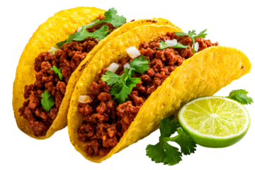 Delicious beef tacos in crispy shells with fresh cilantro and a lime garnish