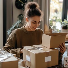 Hispanic woman packing and moving boxes at home