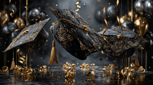 Invitation poster for graduation party. 3d falling graduation caps, golden confetti and serpentine. Vector illustration for decoration social media, banners, posters and graduate ceremony.