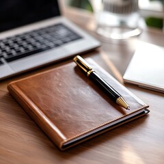 notebook and pen on office table closeup