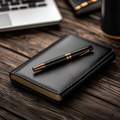 Notebook and pen on wooden table for writing and planning