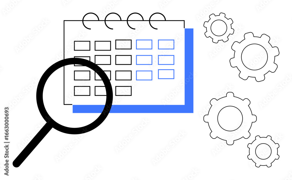 Poster magnifying glass inspecting calendar, cogwheels symbolizing process and system improvements. ideal f