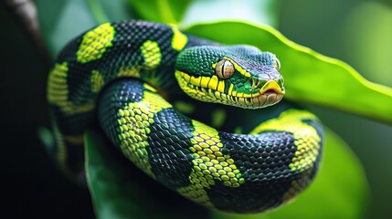 Obraz premium A green and yellow snake coiled around a leaf, with a blurred green background and a yellow and black striped pattern on the snake's body.