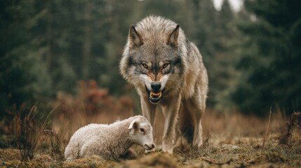 Intense encounter between a wolf and a sheep in a forested area during overcast weather