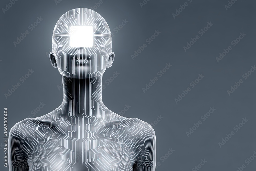 Poster advanced humanoid figure showcasing cutting-edge digital circuitry with a blank visual display repre