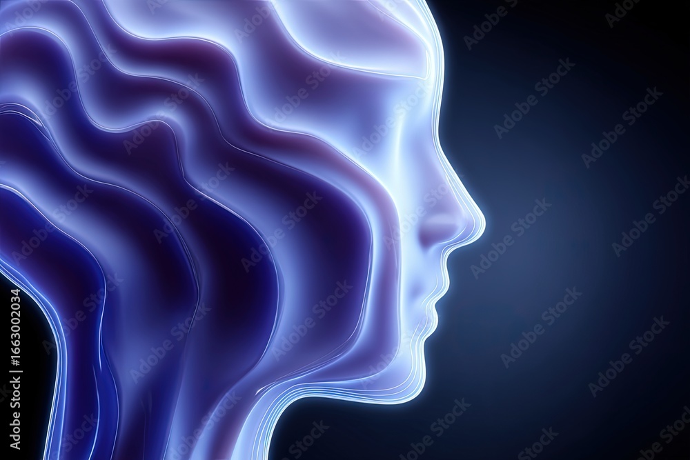 Poster ethereal abstract representation of a transparent human silhouette emerging from fluid patterns expr