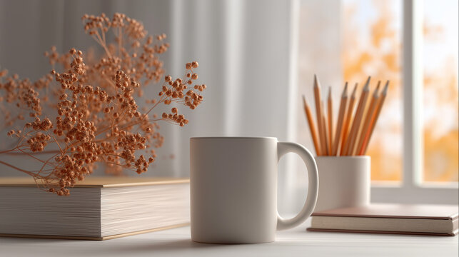 Autumnal workspace with minimalist white mug and pencils, featuring warm tones, cozy atmosphere, clean layout, and creative seasonal setup.
