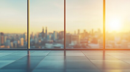 Fototapeta premium Cityscape Floor - to - Ceiling Windows, Sunset Office Space Background (for Architectural Design, Office Scenes, Real Estate Marketing Material)