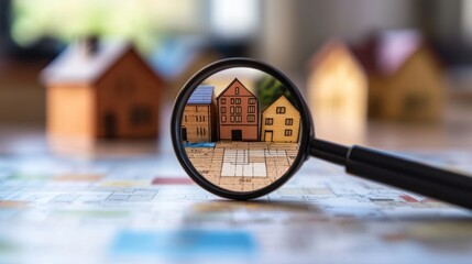 A magnifying glass focusing on a miniature model of a house, with a blurred background of other miniature houses and a map.
