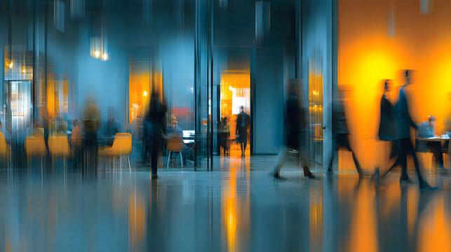 Captivating blur of an urban office setting portraying employees engaged in various activities. The colors and shapes merge fluidly reflecting a collaborative atmosphere filled with