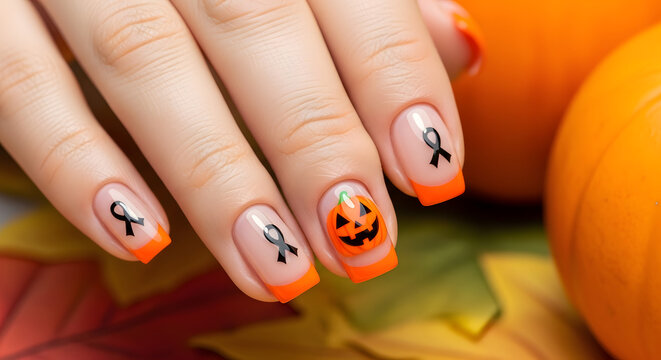 Halloween Pumpkin Nail Art with Orange French Tips and Black Ribbon Design
