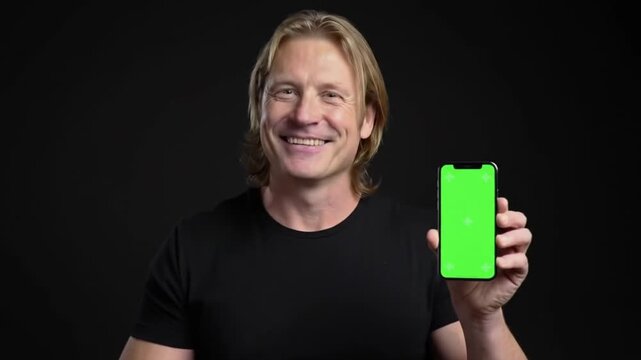 Happy Man Shows Green Screen Smartphone:  Thumbs Up, 4K Resolution Stock Footage