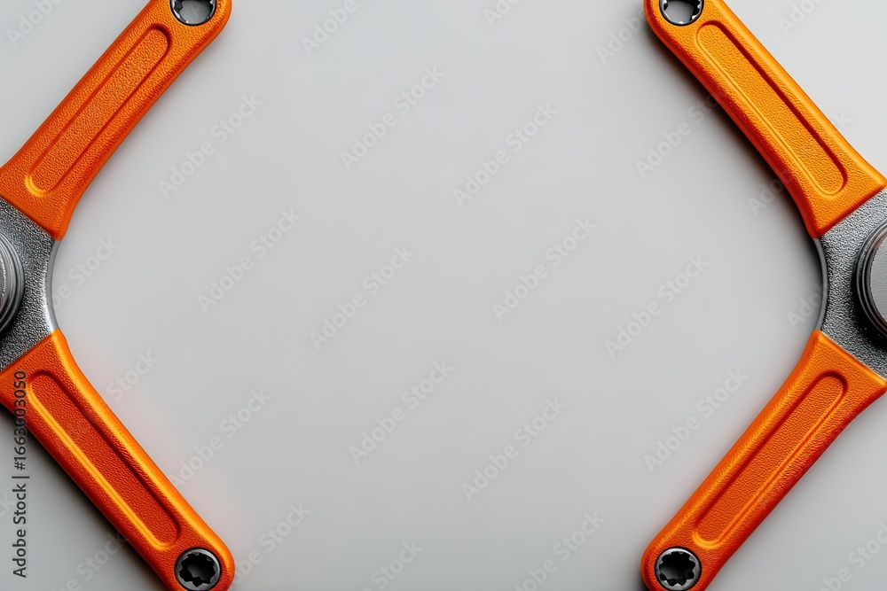 Poster innovative orange gripper tool displayed with industrial precision creating perfect visual symmetry 