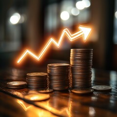 Golden coins growing on financial chart graph