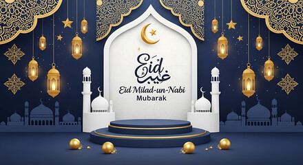 Beautiful eid milad un nabi mubarak backdrop with lanterns and mosque silhouette