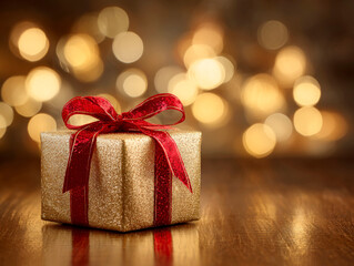 Sparkling Golden Gift Box with Red Ribbon against Soft Bokeh Background