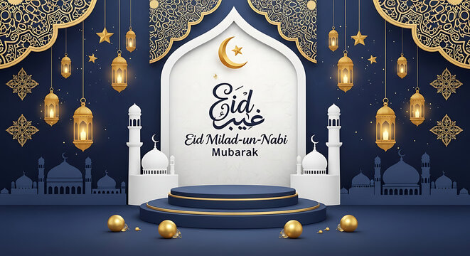 Beautiful eid milad un nabi mubarak backdrop with lanterns and mosque silhouette