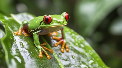 Naklejka premium Green Tree Frog, Ecological Rainforest, Colorful Amphibian Close - up (for Nature Popularization, Ecological Design, Biodiversity Material)